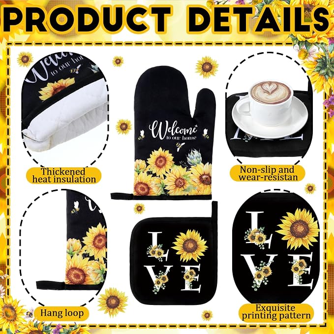 Fourluoo 10 Pcs Sunflower Kitchen Dish Towels Rugs Oven Mitts and Pot Holders - Image 5