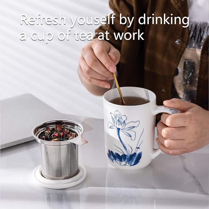 AmorArc Porcelain Tea Mug with Infuser and Lids, 18 Oz Large Cup Strainer with - Image 6