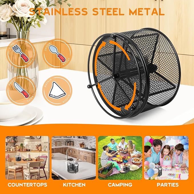 360° Rotating Metal Utensil Caddy, 4 Compartment Silverware Cutlery Holder - Image 2