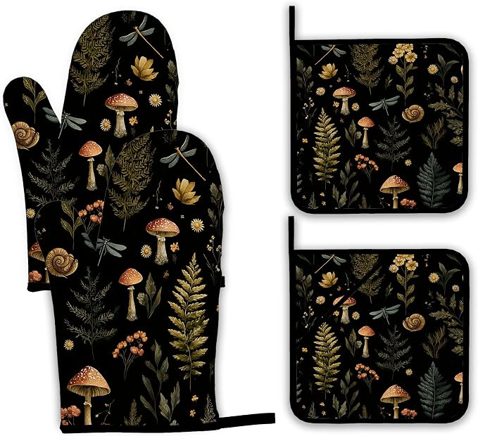Mushroom Forest Plant Oven Mitts and Pot Holders, Dragonfly Heat Resistant Oven by Unknown