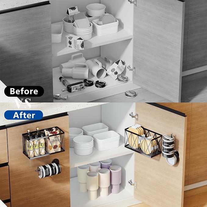 4 Pack Adhesive Cabinet Door Organizer, 2 Baskets + 2 Tumbler Lid Holders - Image 6