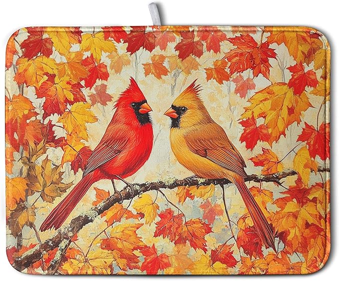 Fall Dish Drying Mats for Kitchen Counter Maple Leaf Cardinal Birds Dish by Kwlegh