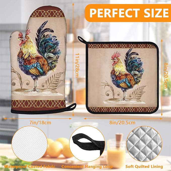 Rooster Oven Mitts and Pot Holders Sets 4Pcs, Extra Long Oven Gloves Potholder - Image 2