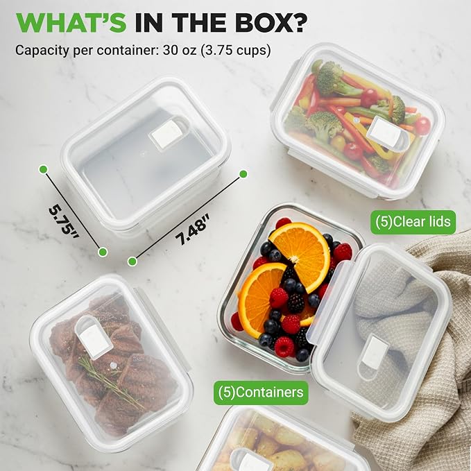 NutriChef 10-Piece Superior Glass Food Storage Containers Set, Stackable - Image 8