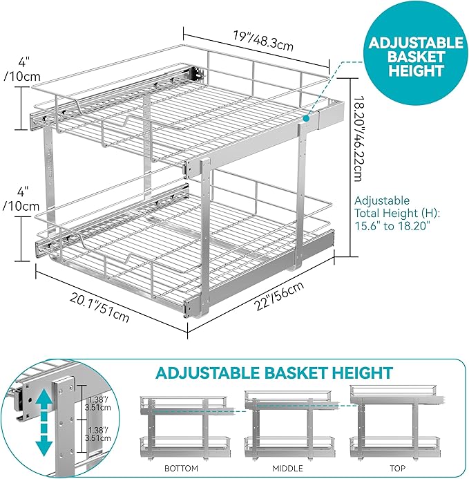 2 Tier Pull Out Cabinet Organizer 20" W X 22" D, Slide Out Drawers - Image 2