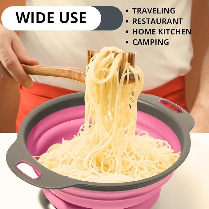 Pink Round Silicone Colander Collapsible – Foldable Kitchen Strainer Small - Image 7