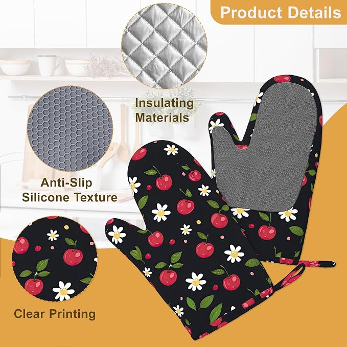 Cherry Oven Mitts and Pot Holders Sets of 4, Heat Resistant Daisy Floral - Image 3