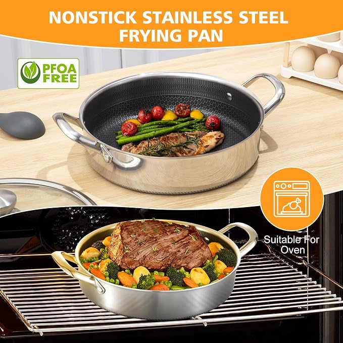 Toutrop Saute Pan, 10 Inch Nonstick Deep Frying Pan, 316L Stainless Steel Sauté - Image 4