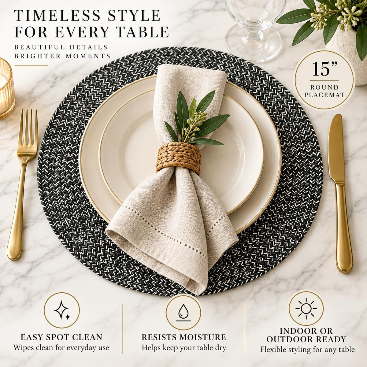 Marled Twist Set of 8 Placemats, 15" Round Cotton, Black, Heat