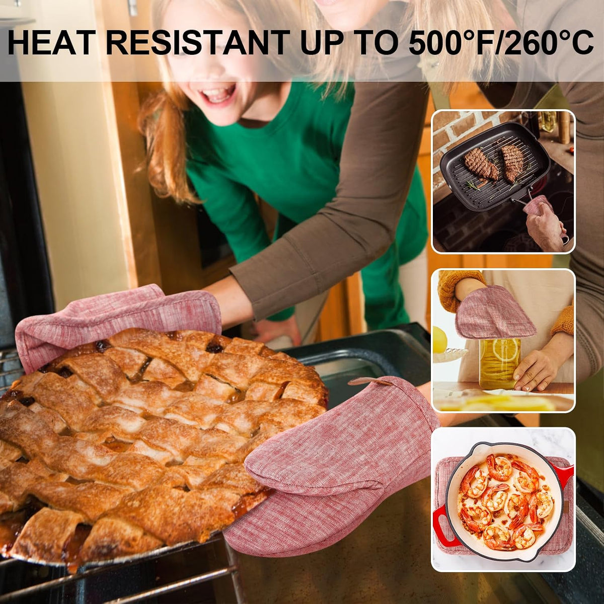 4Pcs Heat Resistant Oven Mitts & Potholders (Up to 500°F), Flexible