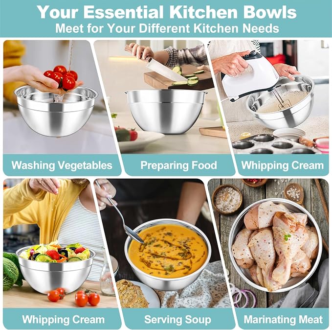 TeamFar Mixing Bowls Set, 4.5/3/1.5/1/0.7 QT Stainless Steel Nesting Salad Bowls - Image 4