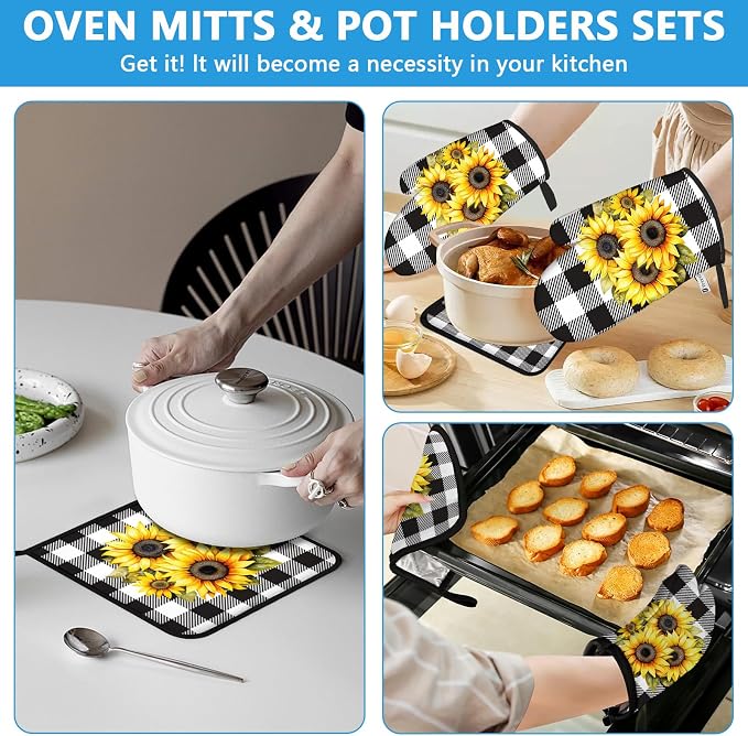 Sunflower Oven Mitts and Pot Holders Sets Heat Resistant 4Pcs Black White - Image 6