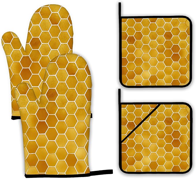 Honeycomb Oven Mitts and Pot Holders Set, Bee Kitchen Decor Heat Resistant Non by Unknown