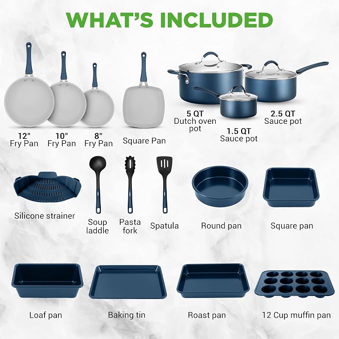NutriChef Professional 20 Pc Pots and Pans Set Non Stick in Navy Blue - Image 6