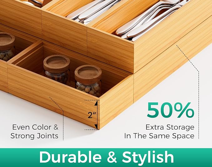 Bamboo Kitchen Drawer Organizer Boxes – 12" x 3" Stackable Wood Silverware - Image 5