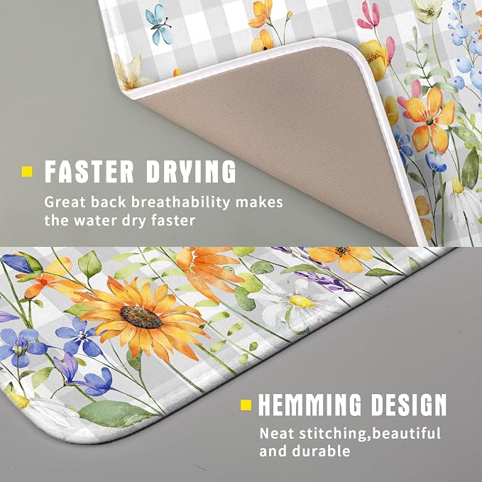 Giwawa Spring Floral Dish Drying Mat, Summer Flower Grey Buffalo Plaids Dish - Image 3