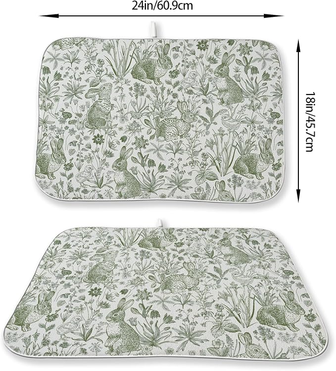 Easter Dish Drying Mat 18 x 24 Inch Sage Green Bunny Floral Drying Mat - Image 4