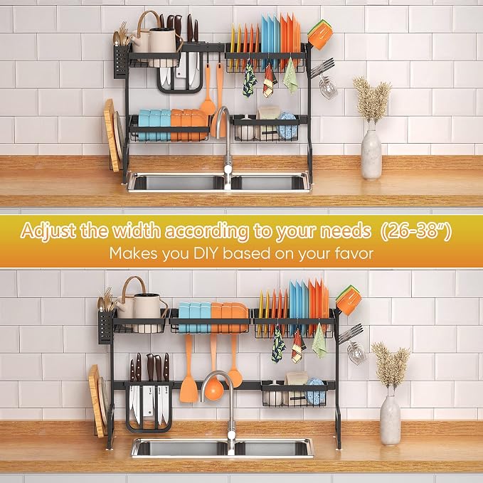 PUSDON Over the Sink Dish Drying Rack, 2 Tier Adjustable Large Capacity - Image 4