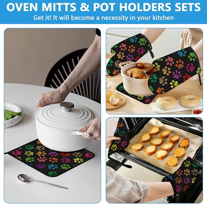 Colorful Paw Print Oven Mitts and Pot Holders Sets Heat Resistant 4Pcs - Image 6