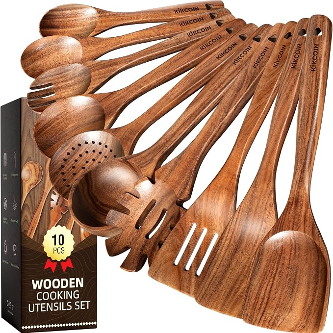 Kikcoin 10 PCS Durable Natural Teak Wooden Cooking Utensil Set, Non Toxic by Kikcoin