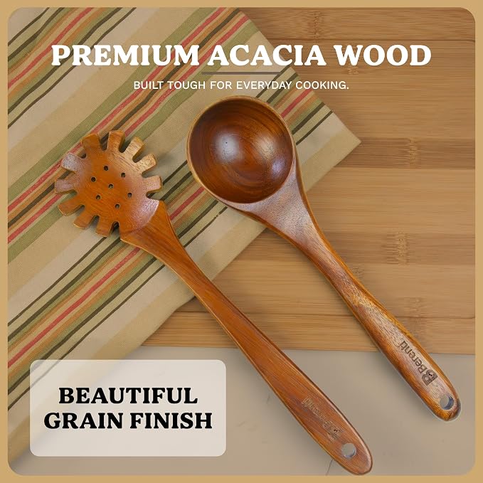 7Pcs Wooden Kitchen Utensil Set, Premium Natural Acacia Wood Cooking Utensils - Image 4