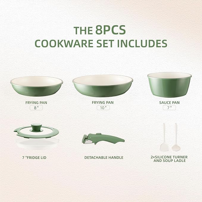 BECIGAR 8PCS Ceramic Cookware, Nonstick Ceramic Pan, Removable Handle Pots and - Image 2