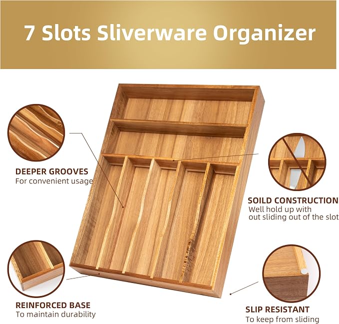 Besilord Silverware Organizer Kitchen Drawer Organizer Utensil Organizer Acacia - Image 3