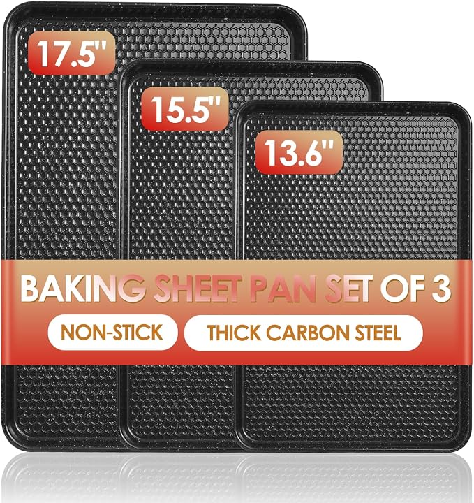 Baking Sheet Pan Set of 3, Nonstick Carbon Steel Cookie Sheets by Deedro