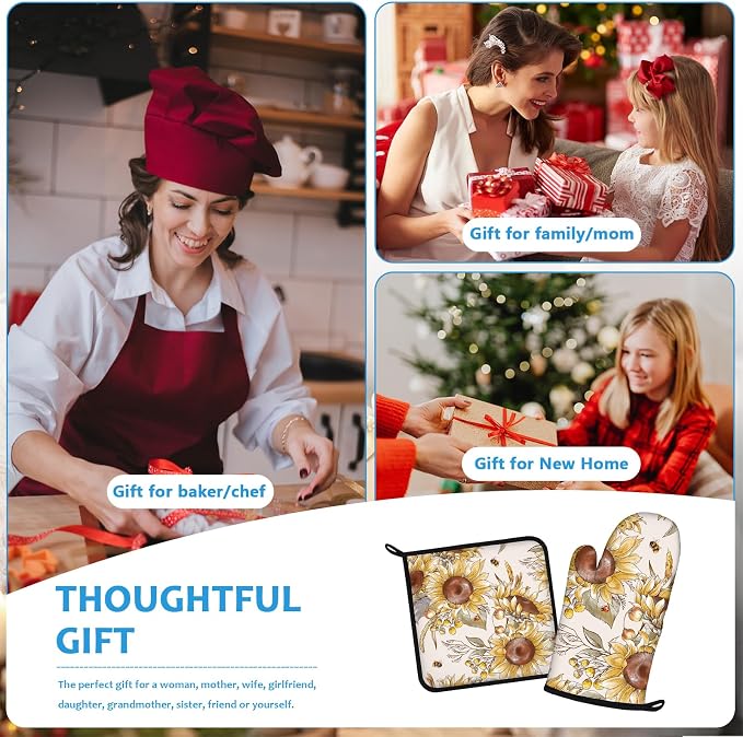 Watercolor Sunflower Oven Mitts and Pot Holders Sets Heat Resistant 4Pcs - Image 7