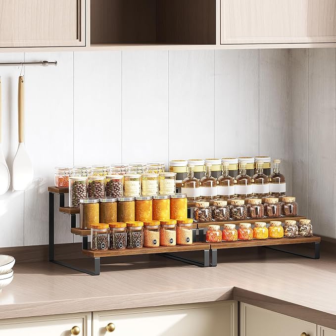 YATINEY Spice Rack, 4 Tier Wooden Display Riser Stand, Kitchen Storage Organizer - Image 2