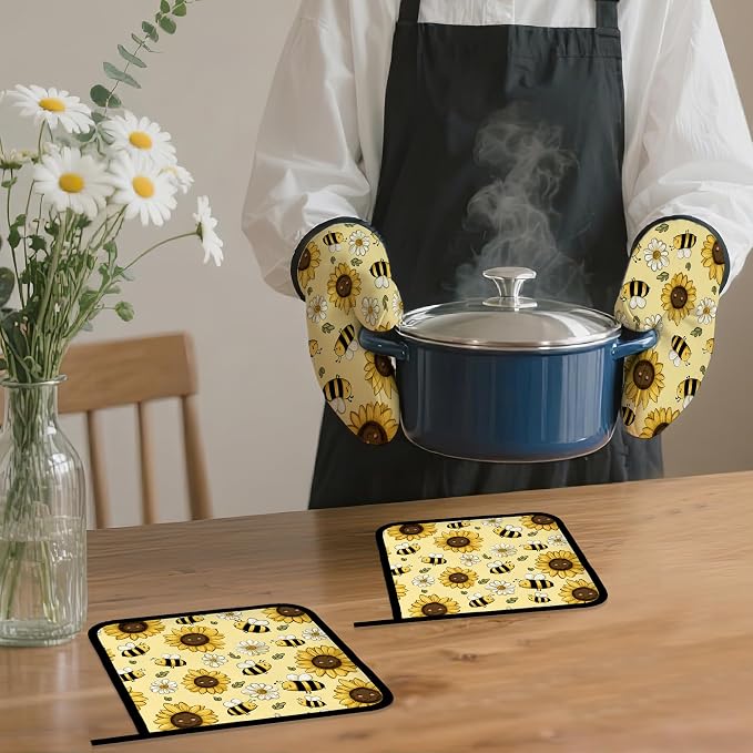 Sunflower Bee Oven Mitts and Pot Holders Set, Daisy Kitchen Oven Gloves and Pot - Image 7