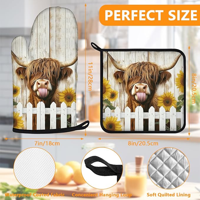 Sunflower Highland Cow Oven Mitts and Pot Holders Sets 4Pcs, Extra Long Oven - Image 2
