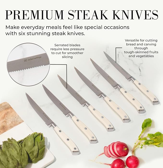 White Knife Set with Block – 14-Piece Forged Stainless Steel Knives with Triple - Image 6