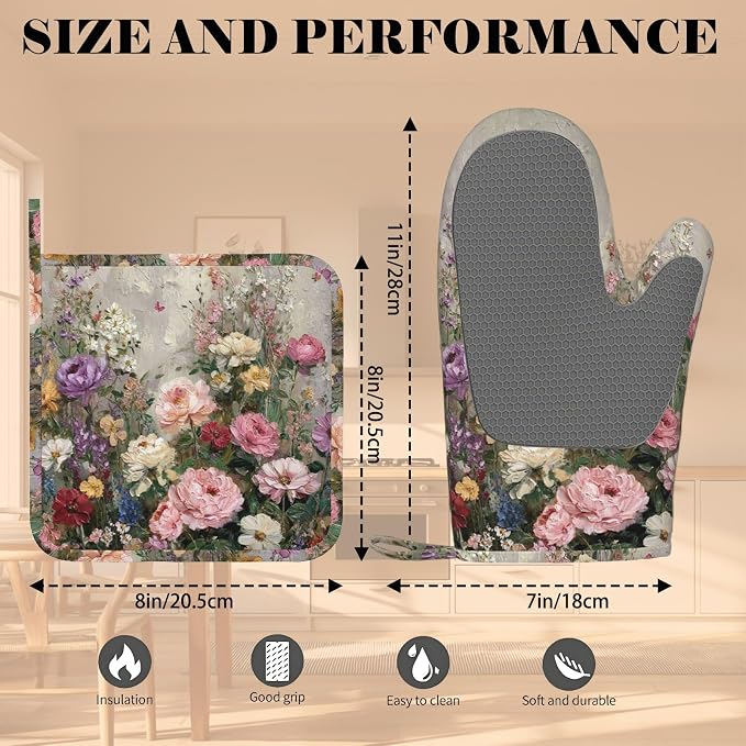 Vintage Wildflower Oven Mitts and Pot Holders Sets Silicone Kitchen Mitts - Image 3