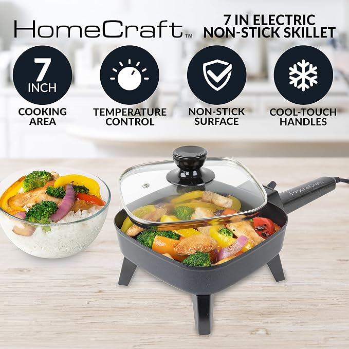 HomeCraft 7-Inch Electric Non-Stick Skillet, Adjustable Temperature Control - Image 2