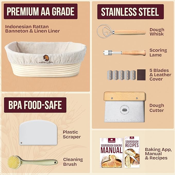 Superbaking 10" Oval Banneton Bread Proofing Basket – Sourdough Starter Kit - Image 2