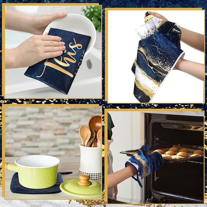 Leinuosen 8 Pcs Blue Marble Kitchen Decor Dish Towels and Oven Mitts Sets Pot - Image 6
