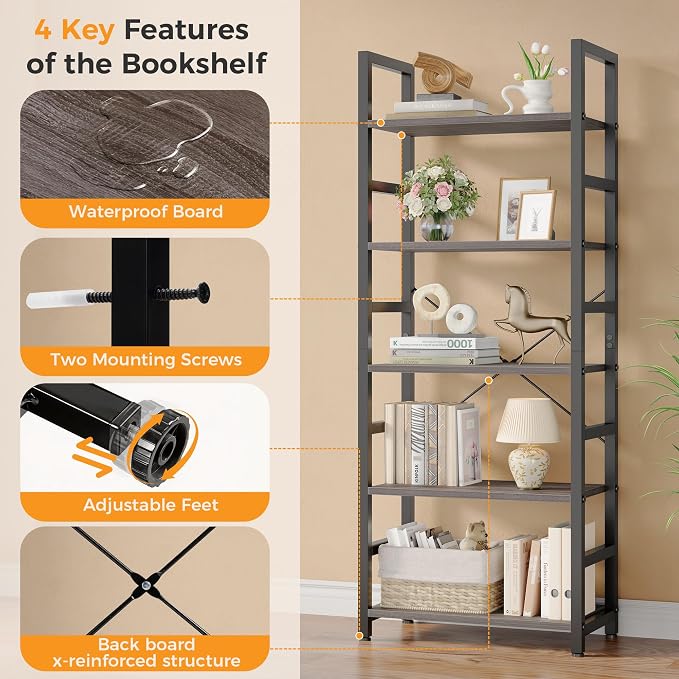 DUMOS 5-Tier Bookshelf, Modern Tall Bookcase, Open Storage Display Shelf - Image 8
