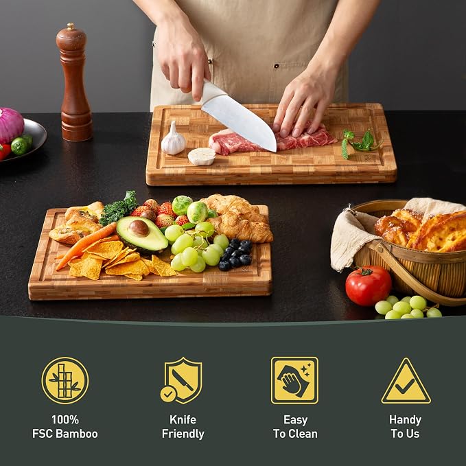 2 Pack Heavy Duty Bamboo Cutting Board Set Non Slip Over Sink Solid End Grain - Image 7
