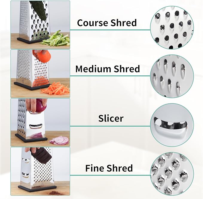 Cheese Grater with Wood Handle, Size 4-Sided Stainless Steel Box Grater - Image 3