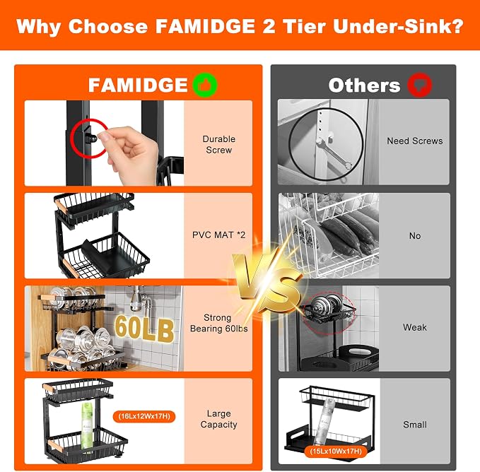 Under Sink Organizer, 2 Pack 2 Tier Under Sink Organizers and Storage, Slide - Image 3
