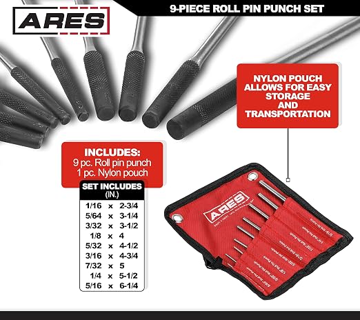 ARES 10021 – 9-Piece Roll Pin Punch Set – Durable Heat Treated and Drop Forged - Image 2