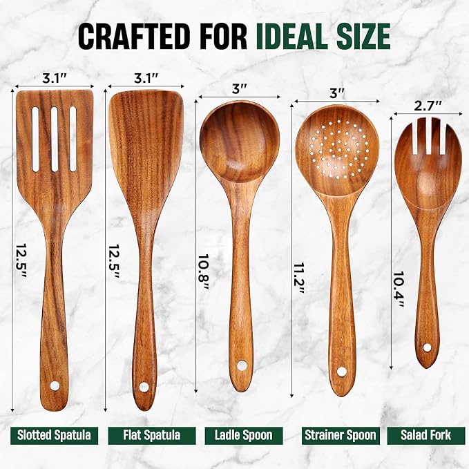 Bkiok Wooden Spoons for Cooking, Natural Teak Wood Kitchen Utensils Set for - Image 4