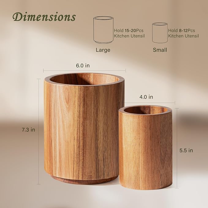 Criusia Utensil Holder 2 Pack, 360° Rotating Acacia Wood Cooking Utensil Crocks - Image 2