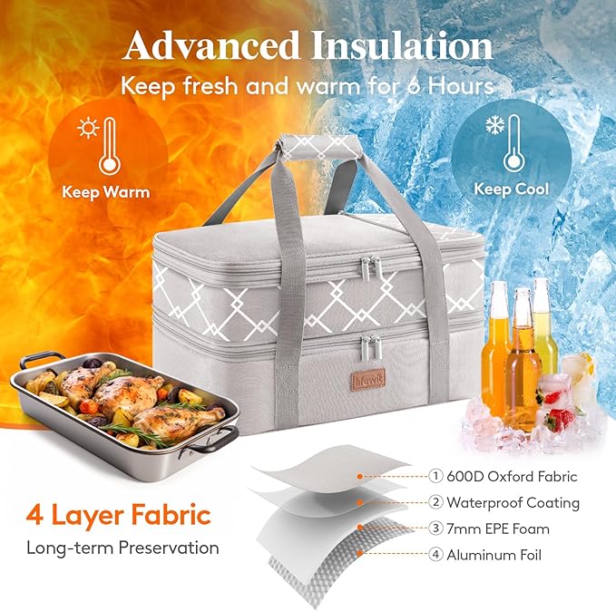 Lifewit Insulated Double Decker Casserole Carrier, Expandable Lasagna Lugger - Image 3