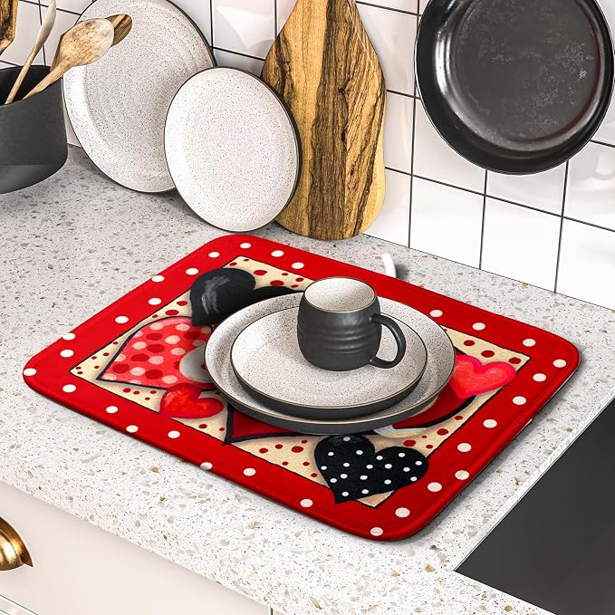 Love Heart Dish Drying Mat 16"x18" Red Dots Microfiber Dish Rack Mat Holiday - Image 5