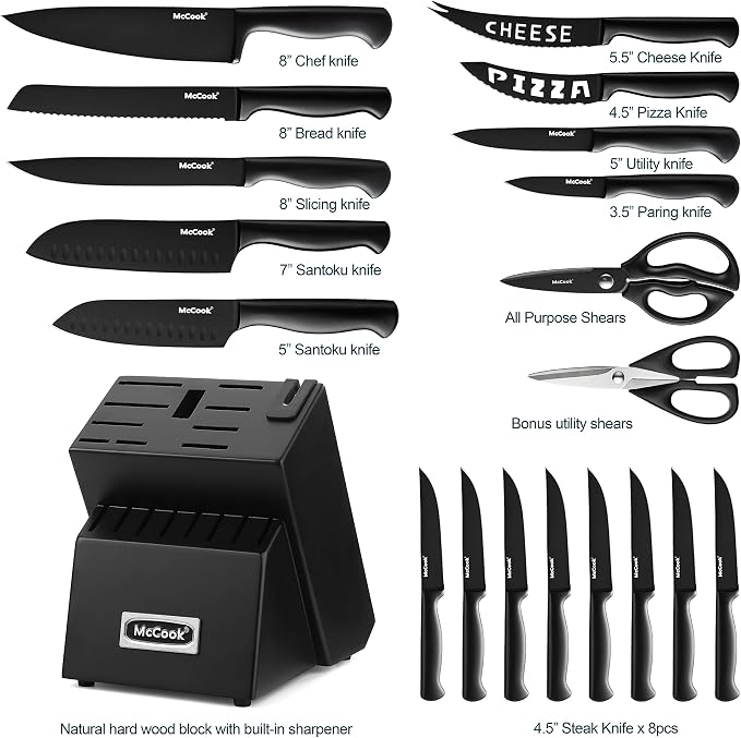 McCook® Premium Black Knife Sets, German Stainless Steel Kitchen Knives Block - Image 4