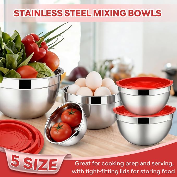 E-far Mixing Bowls With Lids Sets of 5, 10-Piece Stainless Steel Salad Metal - Image 4