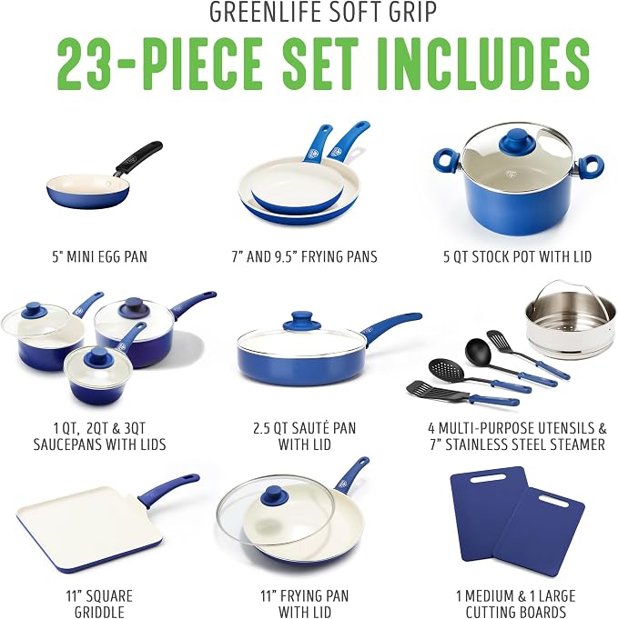 GreenLife Soft Grip 23 Piece Kitchen Cookware Pots and Frying Saucepans Set - Image 3