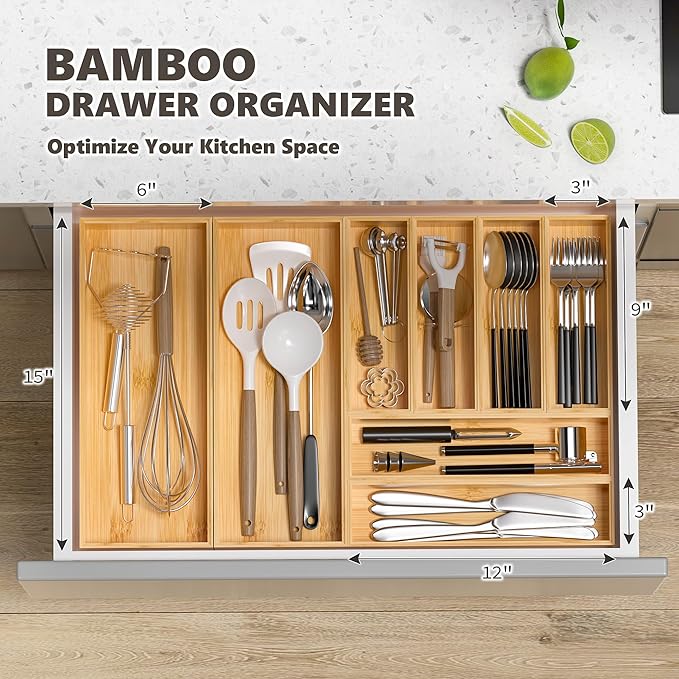 Kitchen Drawer Organizer Tray, Stackable Bamboo Deep Drawer Organizer - Image 3